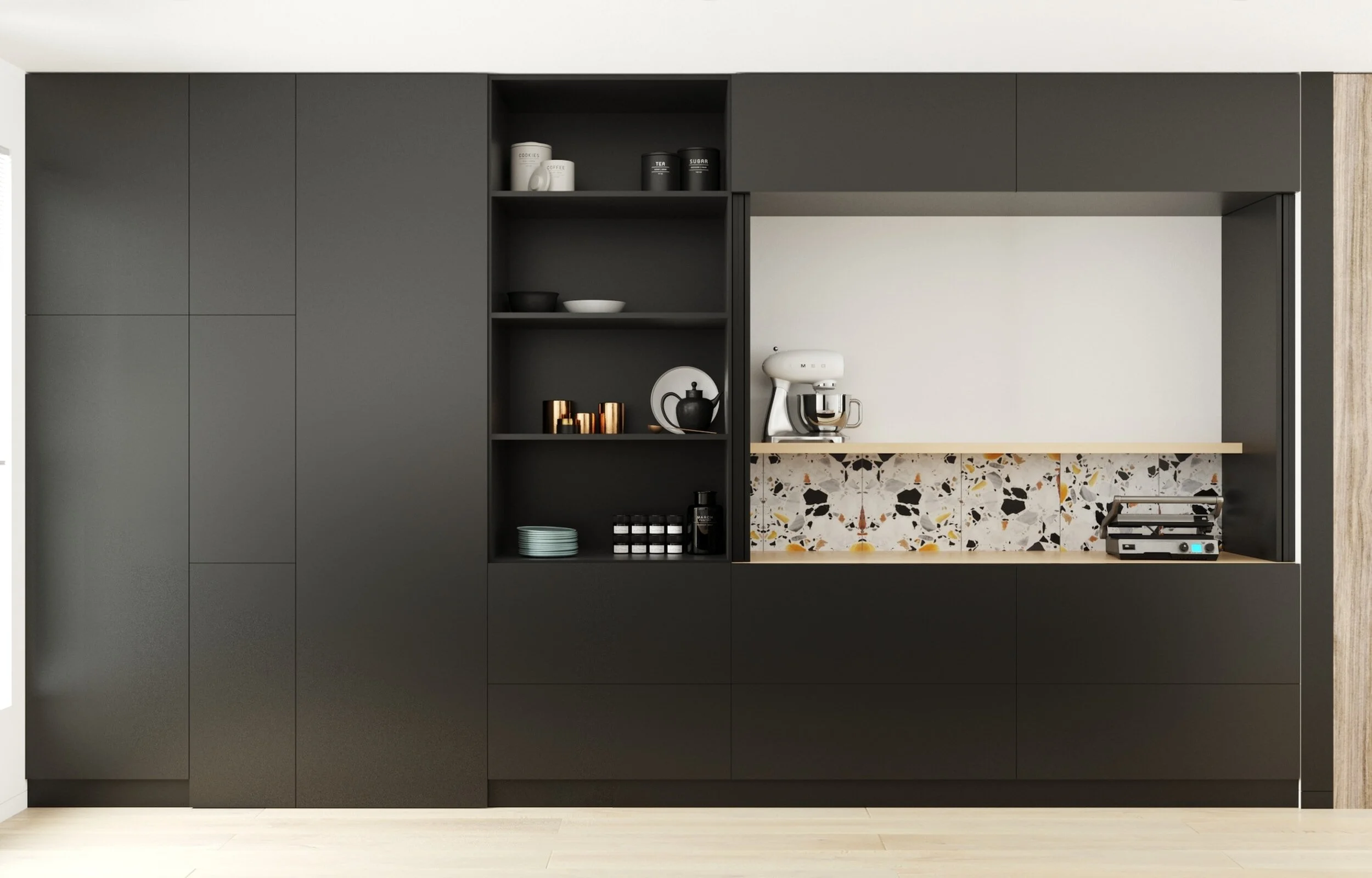 Bold black-cabinet kitchen with terrazzo splashback and open timber shelving in a Sydney home