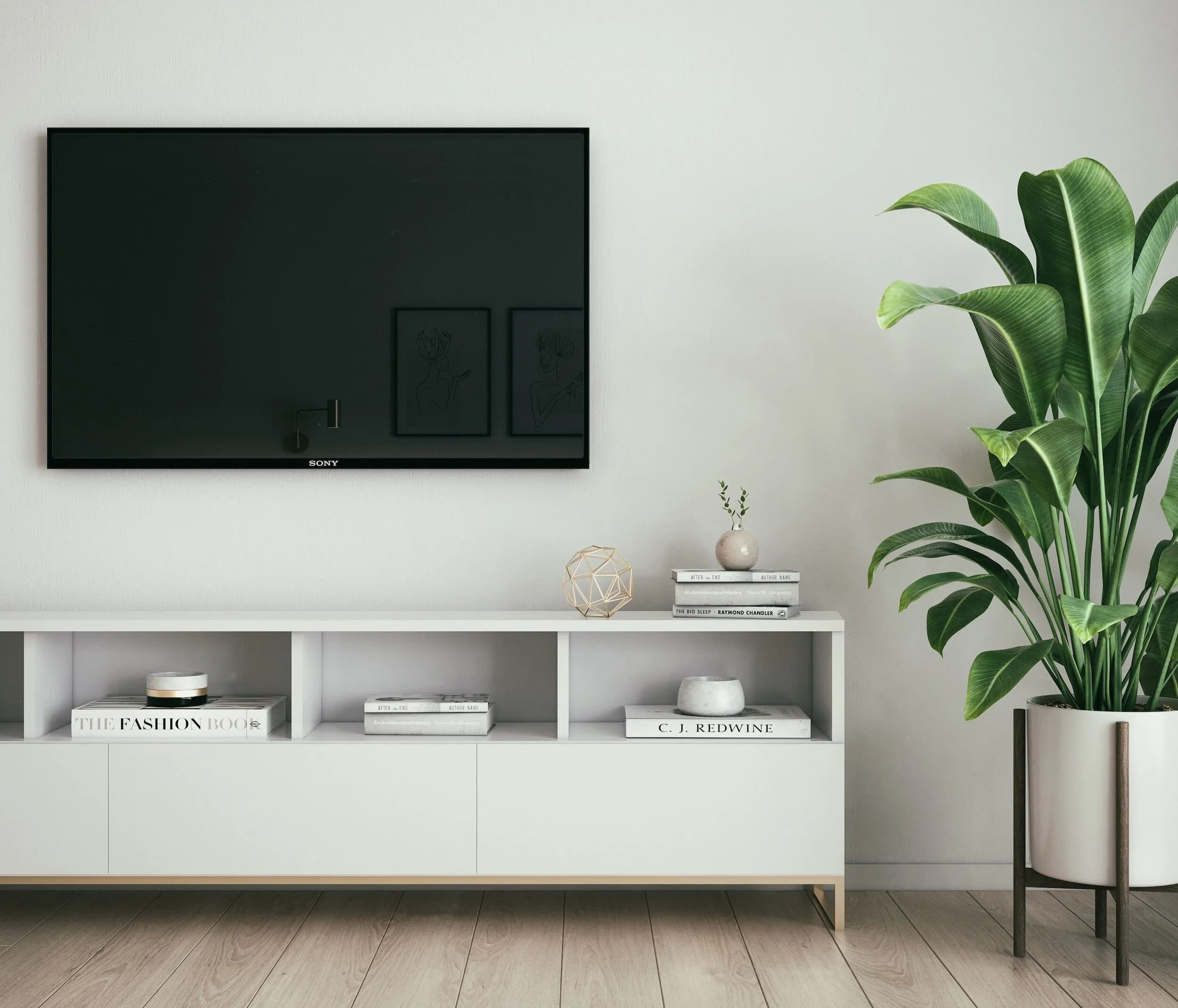 Floating custom entertainment unit with timber accents